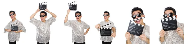 Man met film clapperboard geïsoleerd op wit — Stockfoto