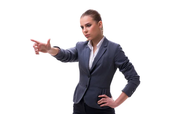 Young businesswoman pressing virtual button on white — Stock Photo, Image