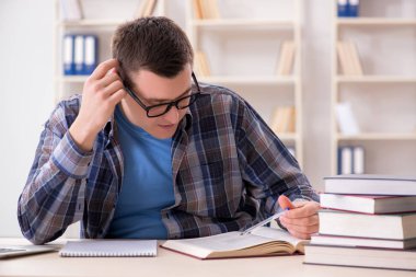 Okul sınavlarına kitaplarla hazırlanan genç bir öğrenci.