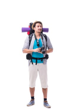 Beyaz arka plan üzerinde izole kamera ile Backpacker