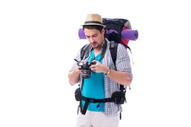 Beyaz arka plan üzerinde izole kamera ile Backpacker