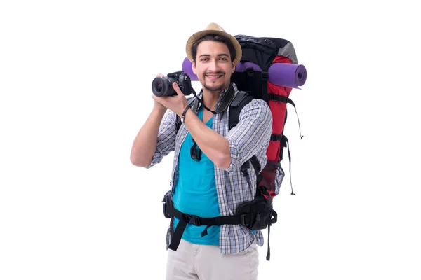 Beyaz arka plan üzerinde izole kamera ile Backpacker — Stok fotoğraf