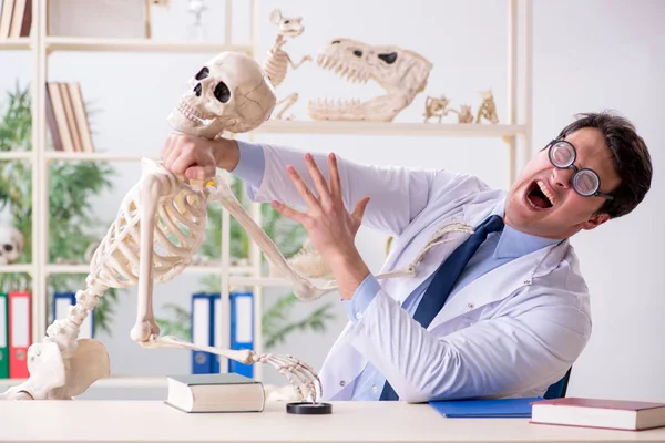 Profesor loco estudiando esqueleto humano — Foto de Stock