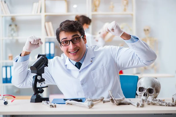 Profesor estudiando esqueleto humano en laboratorio —  Fotos de Stock