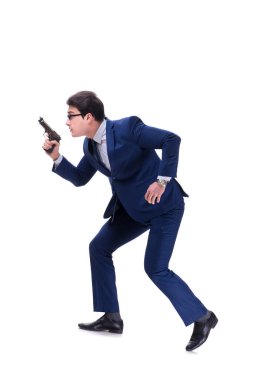 Beyaz arka plan üzerinde izole silahla işadamı