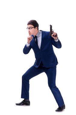 Beyaz arka plan üzerinde izole silahla işadamı