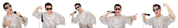 Människa med mikrofon isolerad på vitt — Stockfoto