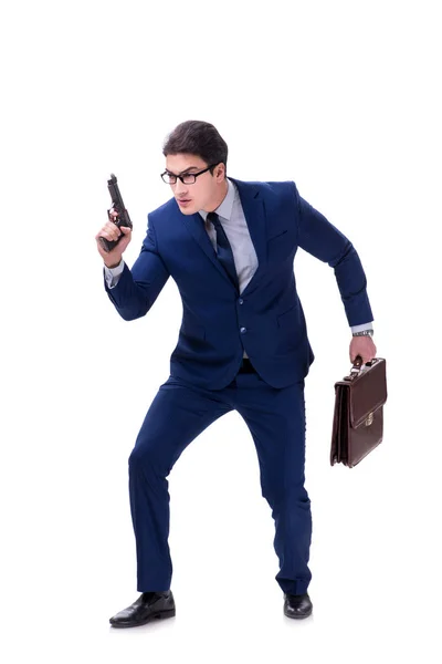 Uomo d'affari con pistola isolata su sfondo bianco — Foto Stock