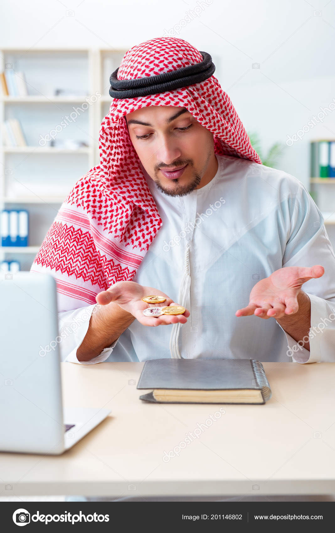 Arab man with bitcoin in cryptocurrency mining concept — Stock Photo ©  Elnur_ #201146802