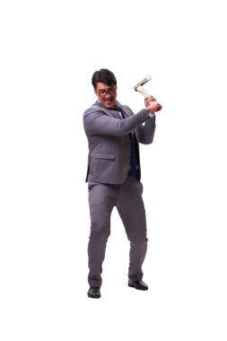 Baltalı kızgın işadamı beyazın üstünde.