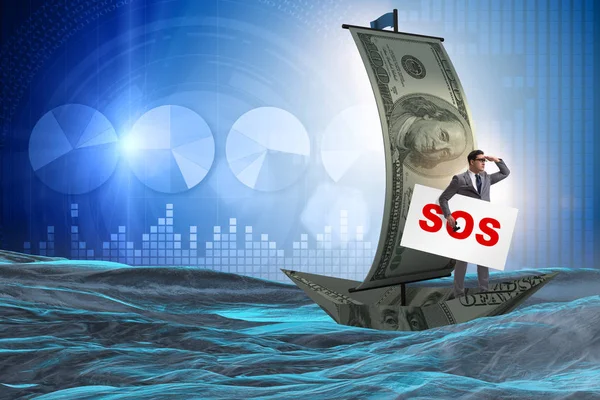 Zakenman vraagt om hulp met SOS bericht op boot — Stockfoto