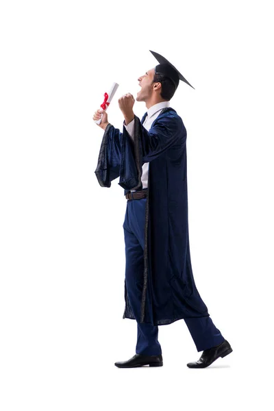 Öğrenci üzerinde beyaz izole onun mezuniyet töreninde heyecanlı — Stok fotoğraf