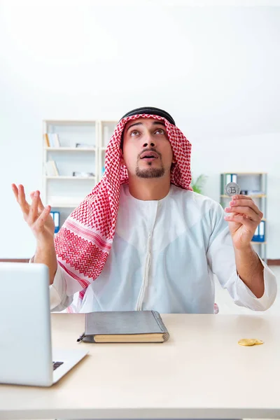 Arab man with bitcoin in cryptocurrency mining concept — Stock Photo, Image