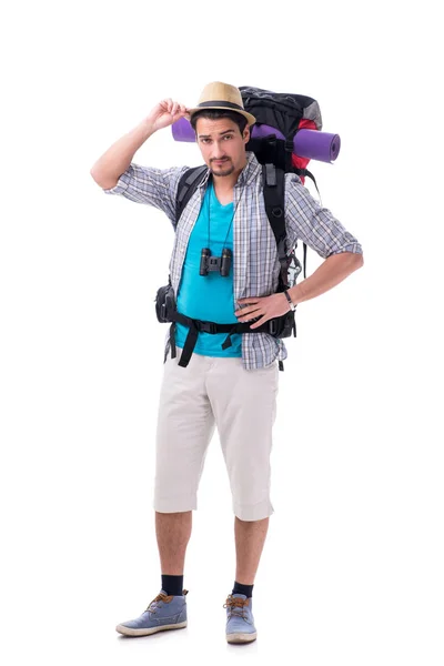 Backpacker mit großem Rucksack isoliert auf weiß — Stockfoto