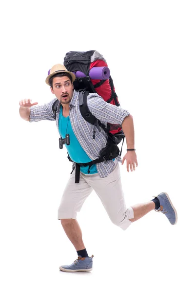 Backpacker with large backpack isolated on white — Stock Photo, Image