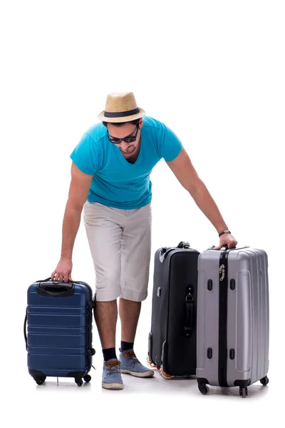 Viajero con mucho equipaje aislado sobre fondo blanco — Foto de Stock