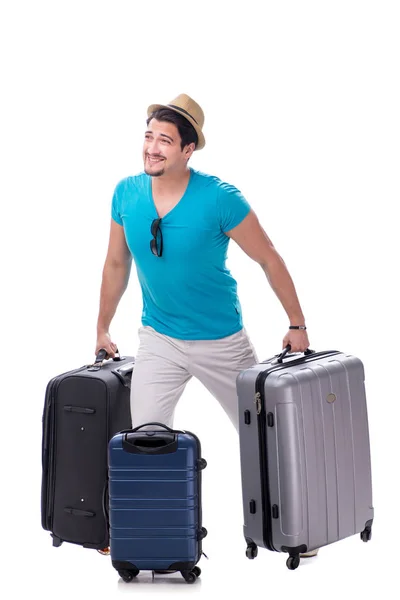 Traveler with much luggage isolated on white background — Stock Photo, Image