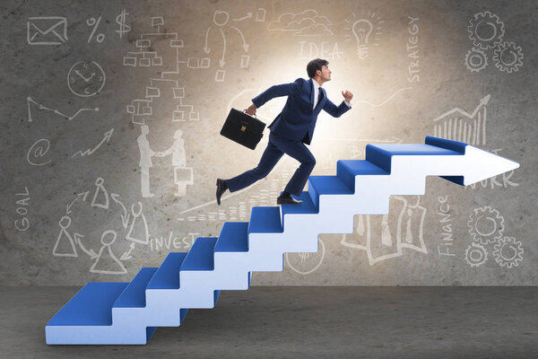 Businessman climbing career ladder in business concept