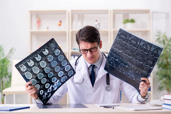 Young doctor looking at x-ray images in clinic — Stock Photo, Image