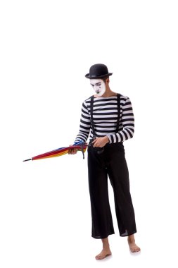 Beyaz arkaplanda şemsiyesi olan pandomim