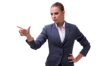 Genç işkadını beyaz üzerinde sanal düğmesine basarak