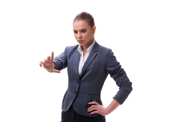 Young businesswoman pressing virtual button on white — Stock Photo, Image