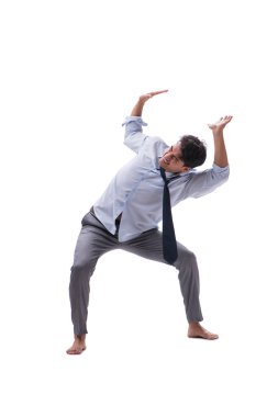 Yalınayak iş adamı beyaz arka planda izole edilmiş.