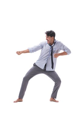 Yalınayak iş adamı beyaz arka planda izole edilmiş.