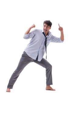 Yalınayak iş adamı beyaz arka planda izole edilmiş.