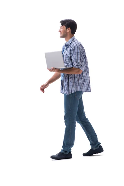 Jeune étudiant avec ordinateur portable isolé sur blanc — Photo