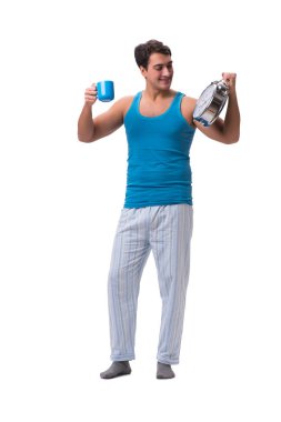 Uyanan adam, beyaz alarmlı saat ile izole