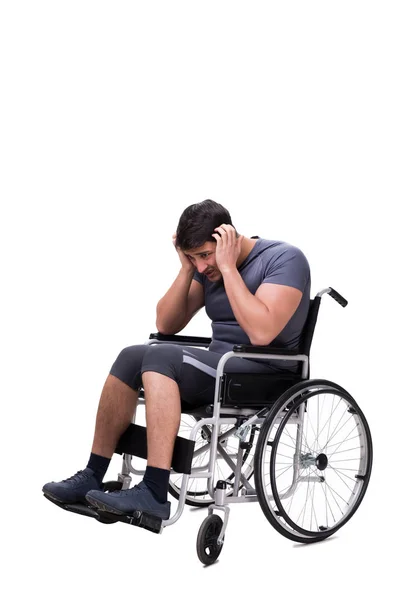 Homem em cadeira de rodas isolado no fundo branco — Fotografia de Stock