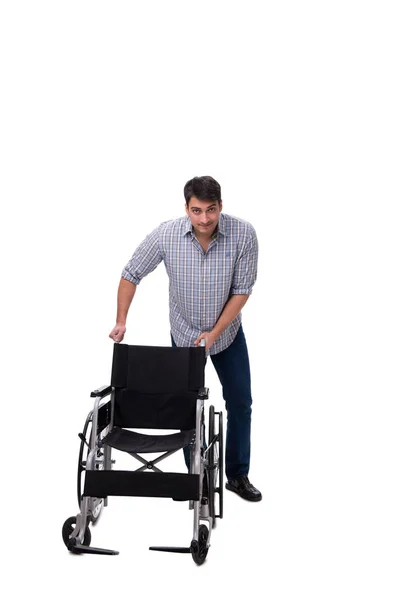 Caregiver with wheelchair isolated on white — Stock Photo, Image