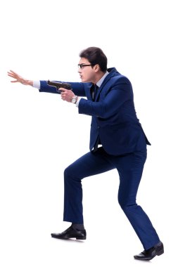 Beyaz arka plan üzerinde izole silahla işadamı