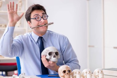 Komik çılgın profesör insan iskeletini inceliyor.