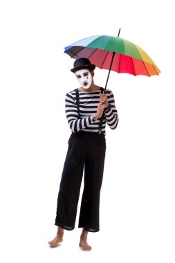 Beyaz arkaplanda şemsiyesi olan pandomim