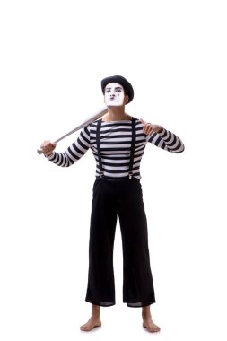 Beyazda izole edilmiş beyzbol sopasıyla pandomim