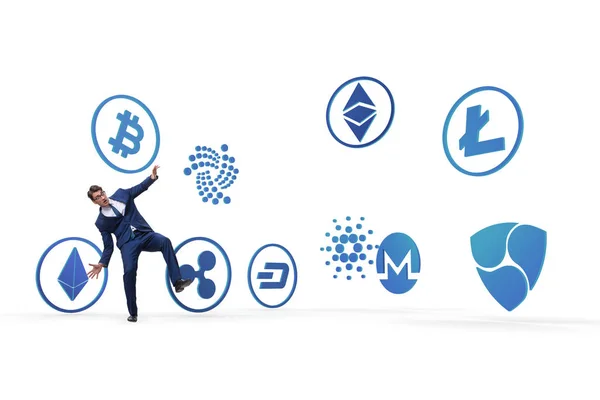Concept of various cryptocurrencies and businessman — Stock Photo, Image