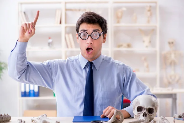 Profesor loco divertido estudiando esqueleto humano — Foto de Stock