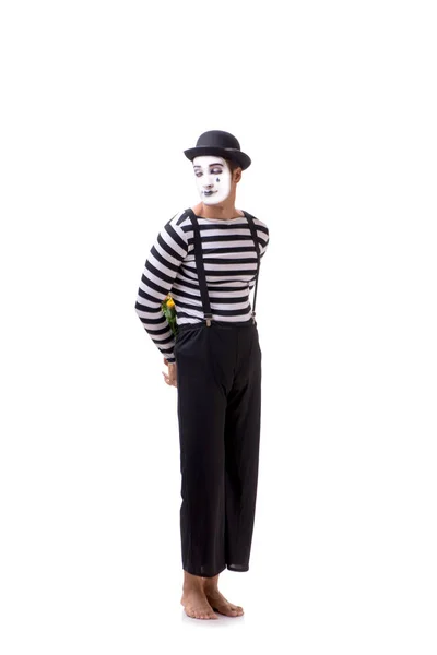 Mime with bunch of flowers isolated on white — Stock Photo, Image