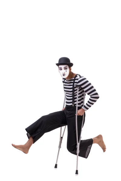 Mime with crutches isolated on white background — Stock Photo, Image