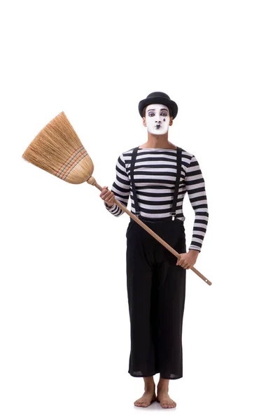 MIME met bezem geïsoleerd op witte achtergrond — Stockfoto