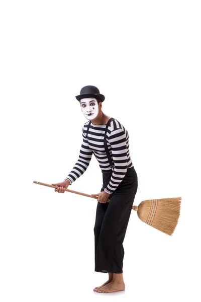 Mime with broom isolated on white background — Stock Photo, Image