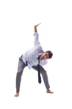 Yalınayak iş adamı beyaz arka planda izole edilmiş.