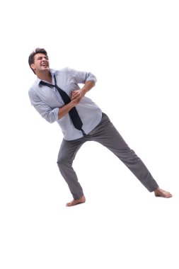 Yalınayak iş adamı beyaz arka planda izole edilmiş.