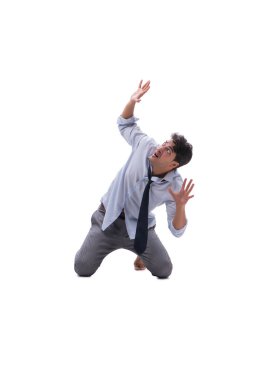 Yalınayak iş adamı beyaz arka planda izole edilmiş.