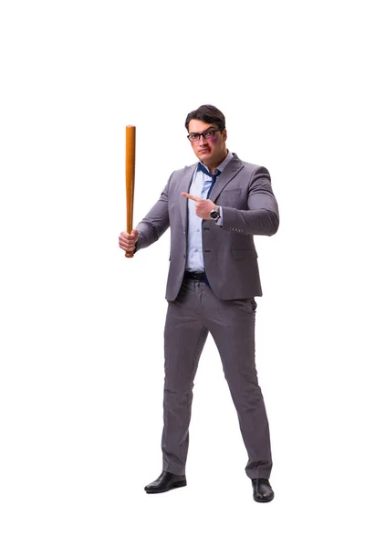Empresário com bastão de beisebol isolado em branco — Fotografia de Stock