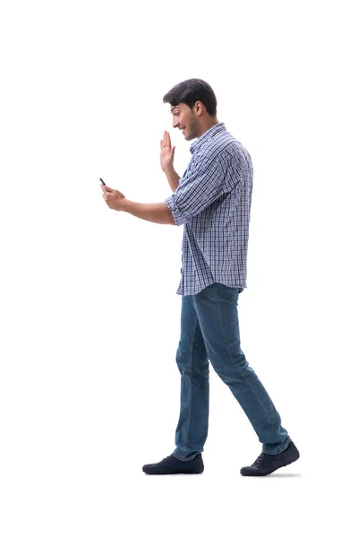 Jovem estudante com smartphone isolado no branco — Fotografia de Stock