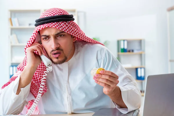 Arab man with bitcoin in cryptocurrency mining concept — Stock Photo, Image