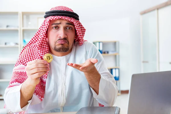 Arab man with bitcoin in cryptocurrency mining concept — Stock Photo, Image